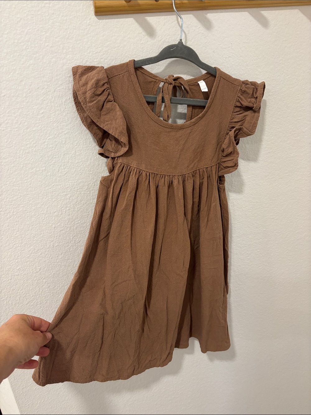 Girls Brown Ruffle-Sleeve Tie-Back Casual Dress